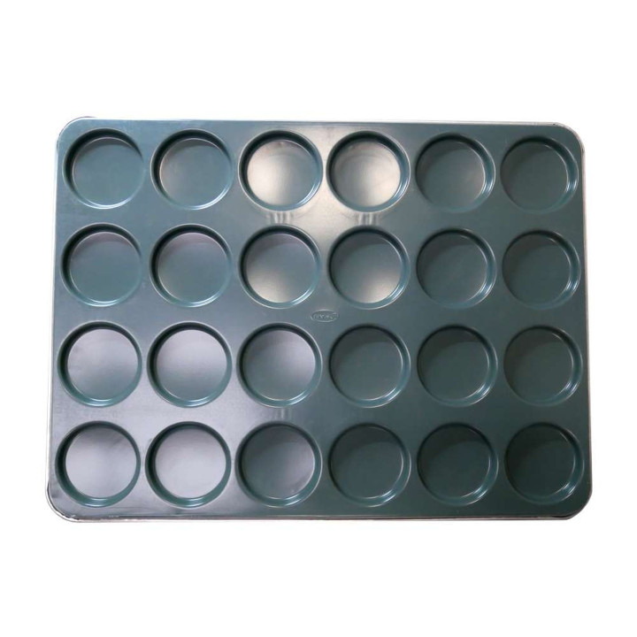 Blacha piekarnicza hamburgerowa 80x60x2,5 cm 24 gniazda (4x6) wysokość 20 mm Ø114/111 mm Alusteel 0,6 mm powłoka nieprzywieralna