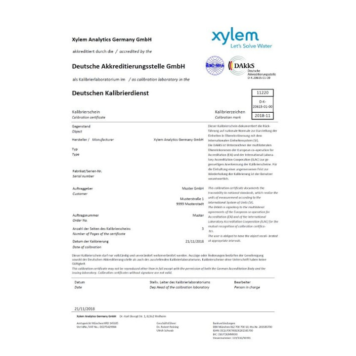 Certyfikat kalibracji DAkkS dla Ebro TDC110, wystawiony przez Xylem Analytics Germany GmbH